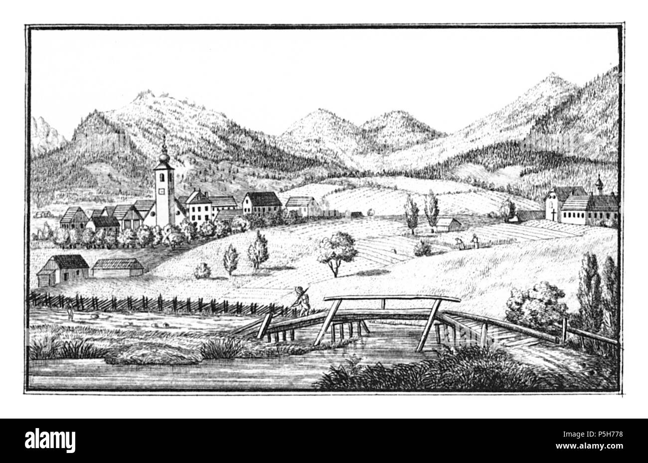 16 138 Markt Irdning - drawing by S. Kölbl- J.F.Kaiser Lithografirte Ansichten der Steiermark 1830 Stock Photo