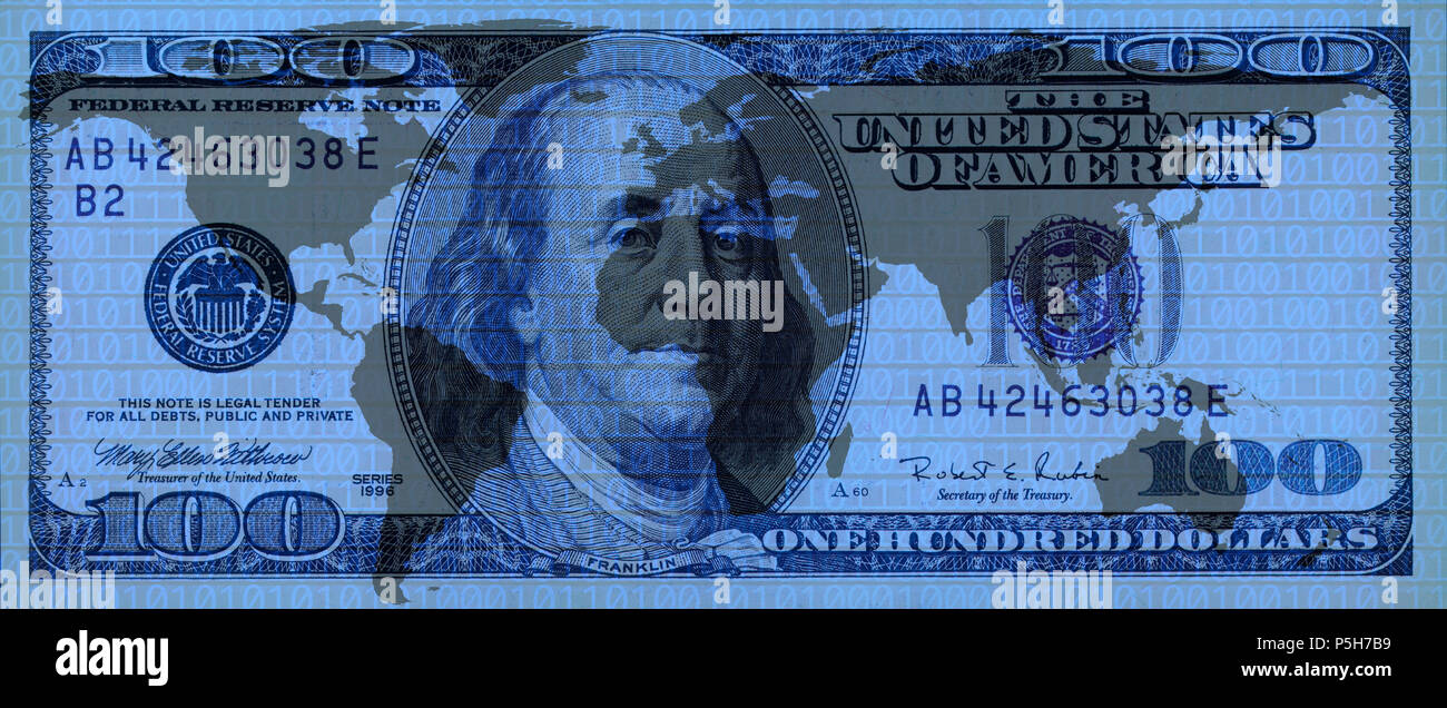 close up shot of a world map on dollar bill background Stock Photo