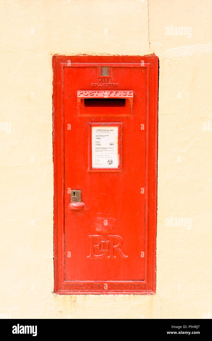 British red post box in Malta, with the letters EIIR for Queen Elizabeth Stock Photo