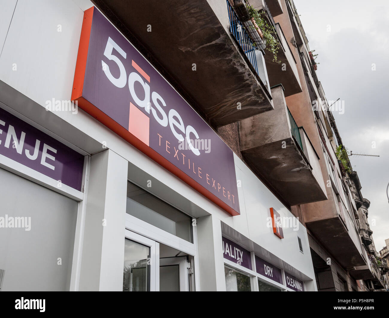 BELGRADE, SERBIA - JUNE 14, 2018: Logo of the main 5asec shop in Belgrade.  5asec is a franchising dry cleaner network specialized in cleaning and iron  Stock Photo - Alamy