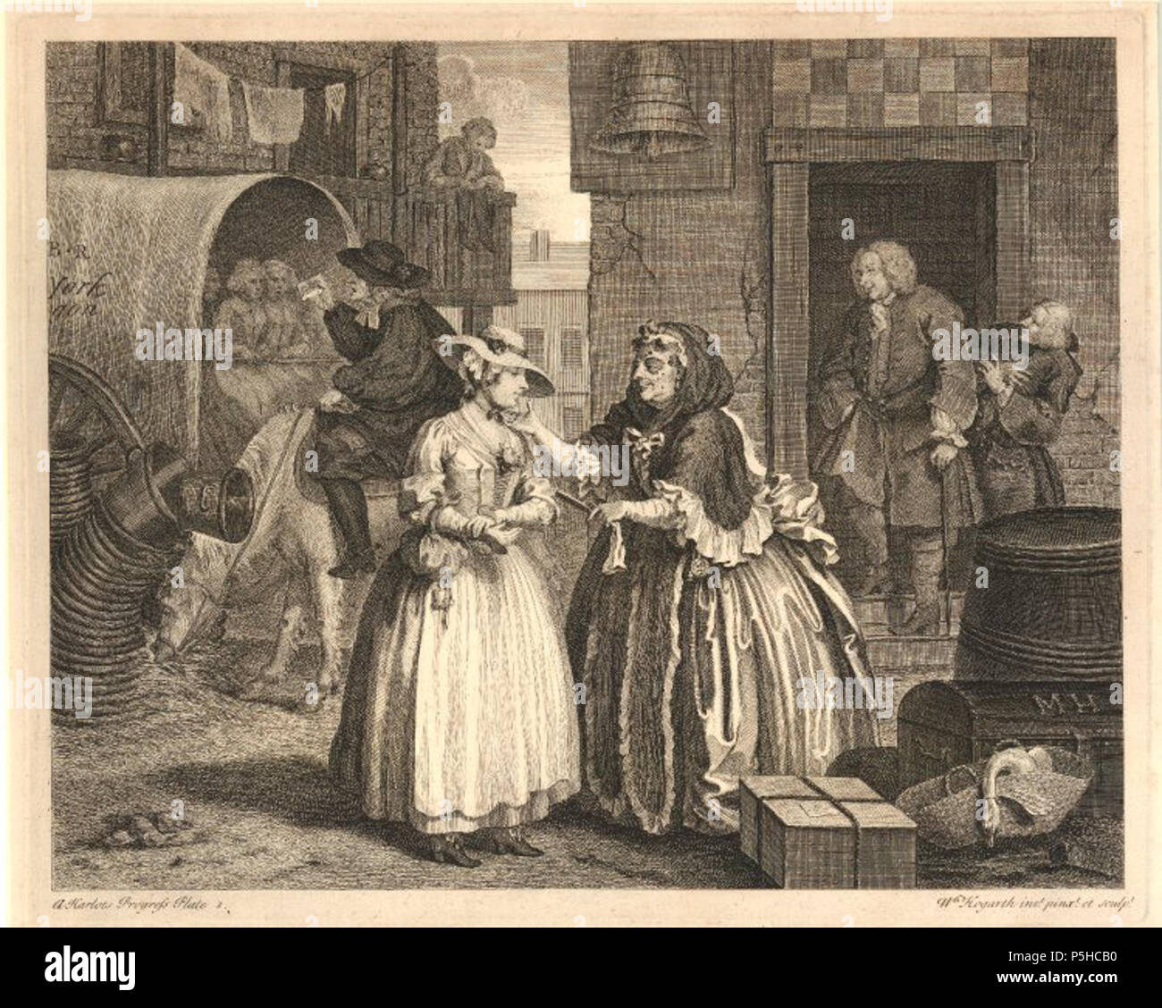 N/A. English: 'A Harlot's Progress', Plate 1, etching and engraving, by the British artist and engraver William Hogarth. 318 mm x 389 mm. Courtesy of the British Museum, London. 1732.   William Hogarth  (1697–1764)       Description British painter and engraver  Date of birth/death 10 November 1697 25 October 1764  Location of birth/death London London  Work location London, Chiswick  Authority control  : Q171344 VIAF:17268409 ISNI:0000 0001 2099 3749 ULAN:500004242 LCCN:n80126106 NLA:35201047 WorldCat 44 A Harlot's Progress Plate 1 by William Hogarth Stock Photo