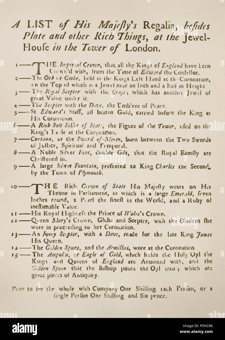 N/A. 'A List of His Majesty's Regalia, besides Plate and other Rich Things, at the Jewel House in the Tower of London' . published by the Tower of London, c. 1690. 44 A List of His Majesty's Regalia Stock Photo