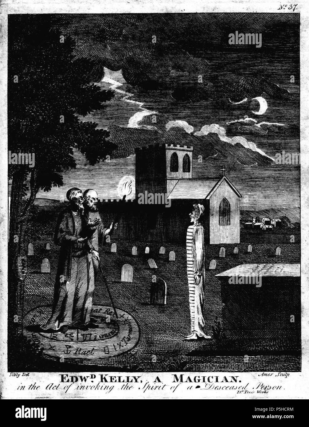 N/A. 'Edw[ar]d Kelly, a Magician. in the Act of invoking the Spirit of a Deceased Person.' . 1806. engraved by Ames of Bristol (according to Fincham, Artists and engravers of British and American book plates, 1897), original drawing by Sibly 44 A Magician by Edward Kelly Stock Photo