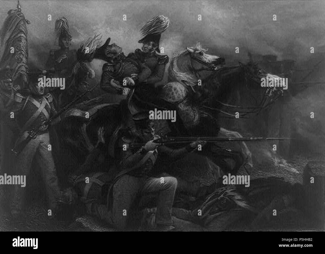 N/A. English Print shows British General Robert Ross, on horseback, mortally wounded, on