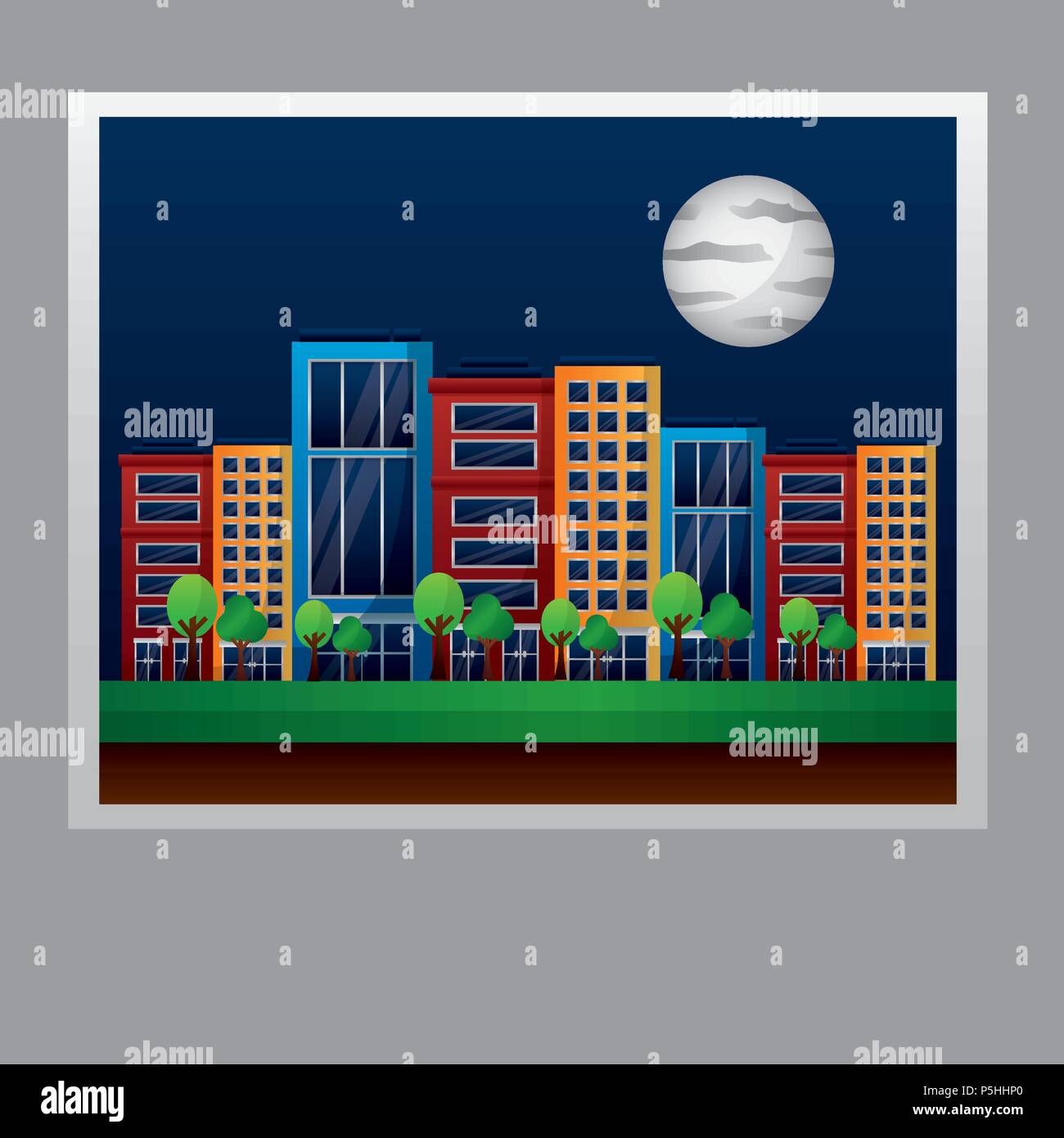 photo city in the night sky and the moon vector illustration Stock ...