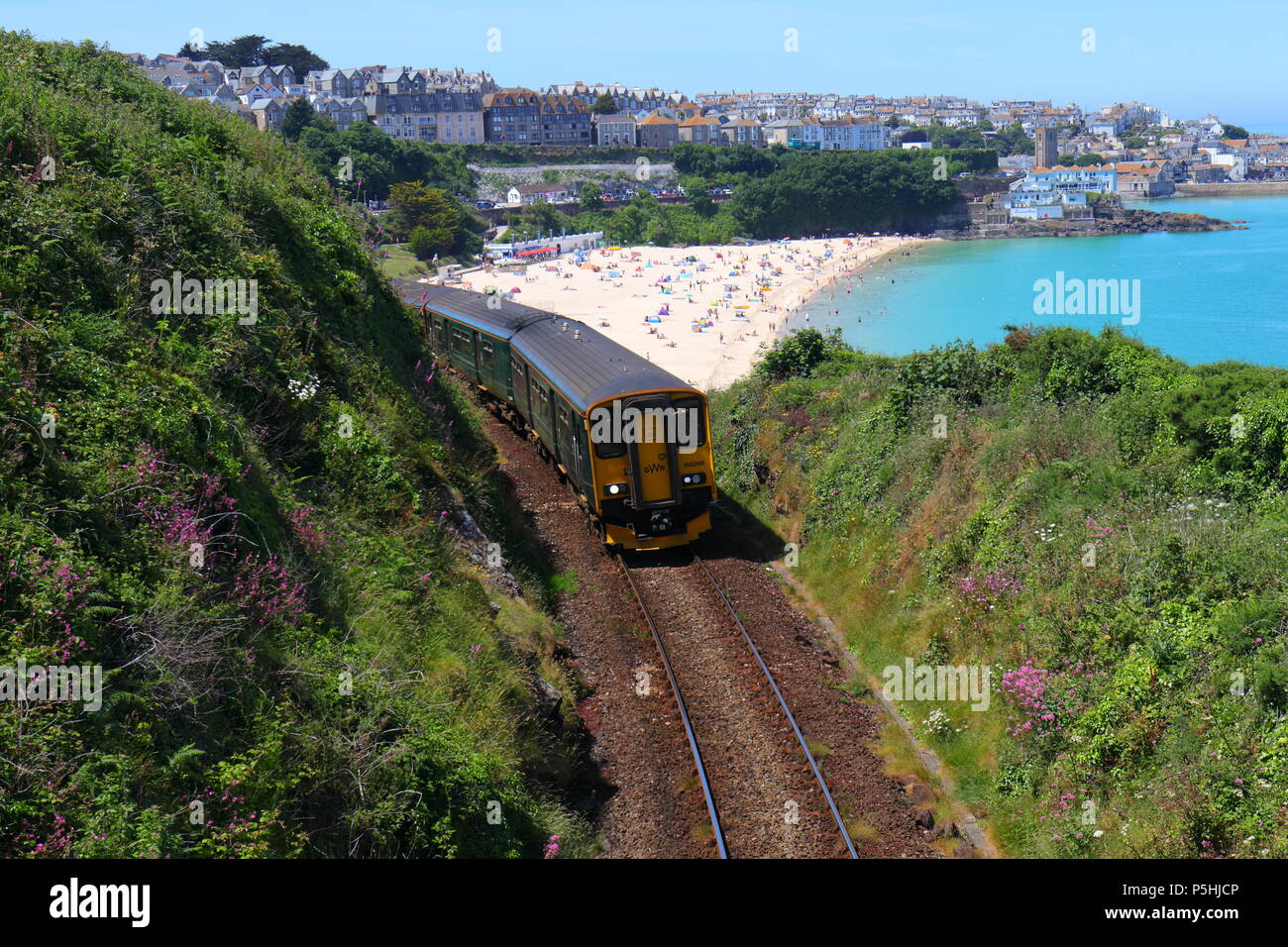 The Train to St Ives, Cornwall, with Porthminster Beach in the ...