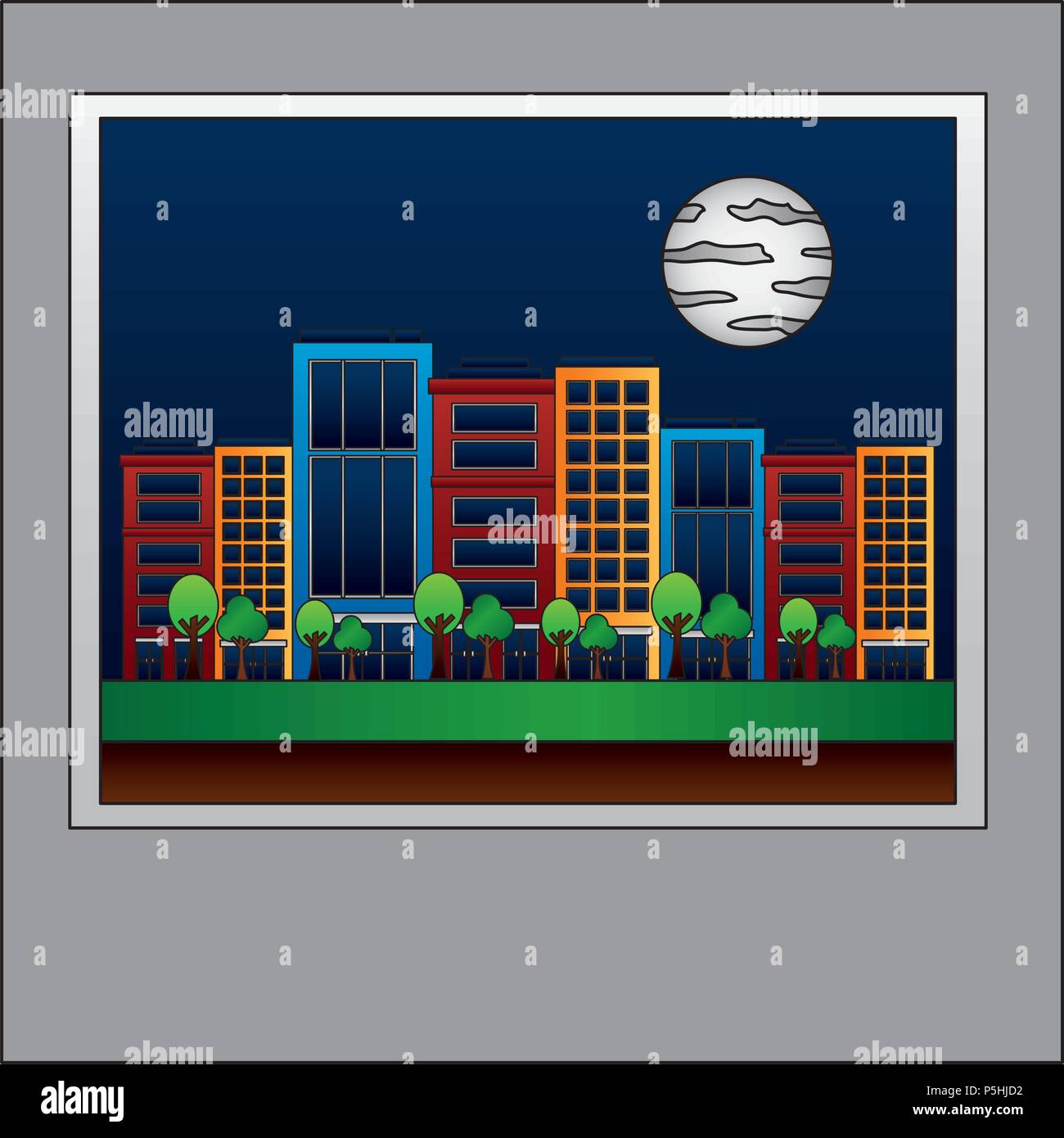 photo city in the night sky and the moon vector illustration Stock ...