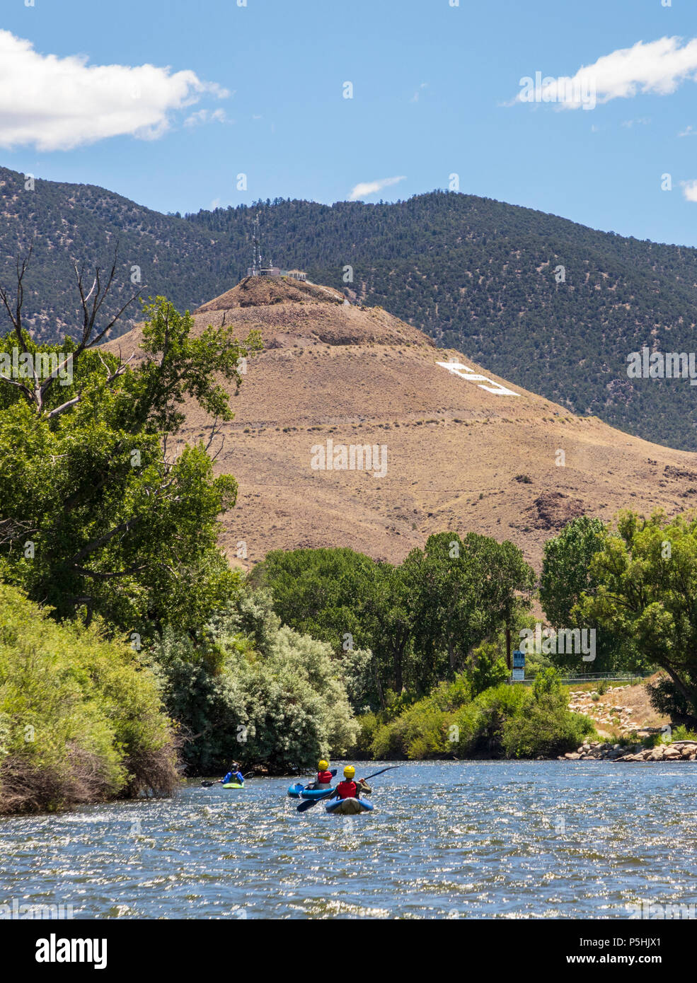 Inflatable kayaks, rubber duckies, Arkansas River, Salida, Colorado, USA Stock Photo