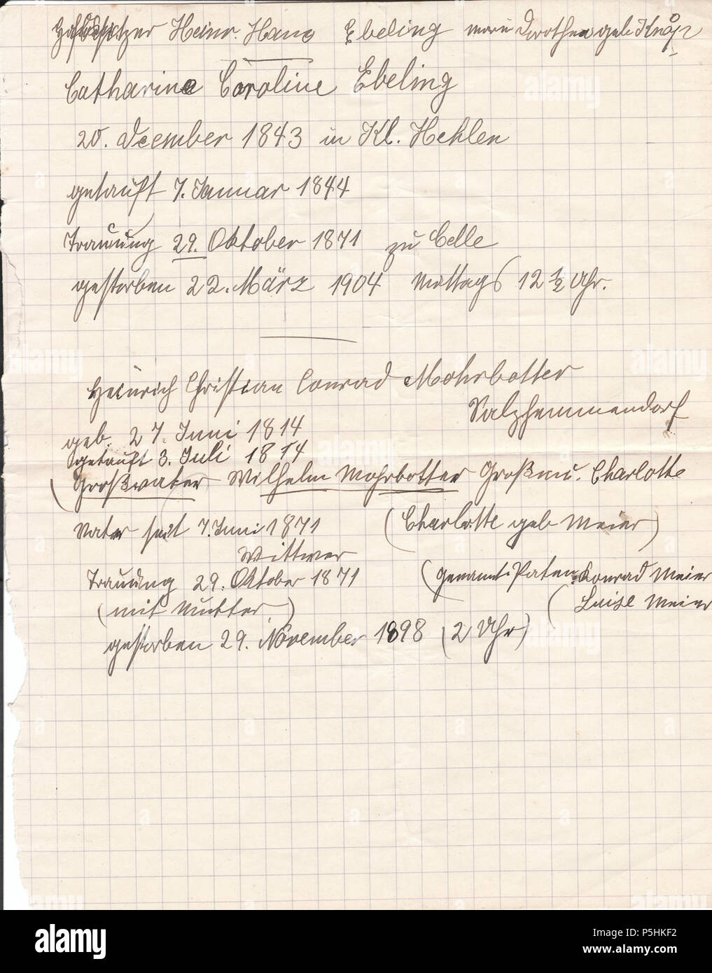 1843 Daten handschriftlicher Zettel Biographien um Wilhelm Mohrbotter, Celle. Stock Photo
