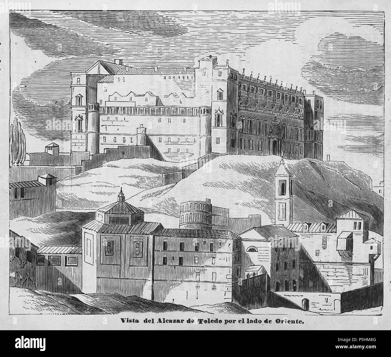 1845, Toledo pintoresca o Descripción de sus mas célebres monumentos, Vista del alcázar de Toledo por el lado de oriente. Stock Photo