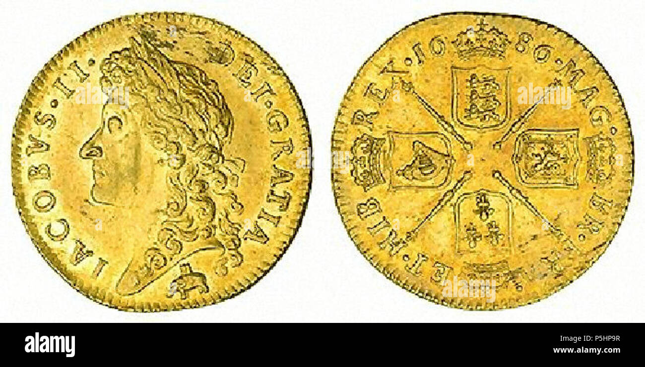 N/A. English: Image of gold coin of Great Britian, 1686 guinea, showing bust of James II with elephant and castle on obverse, coats of arms of Ireland, Scotland, England and Wales on reverse . 1686. Royal Mint 20 1686-Guinea-elephant-and-castle-James-II Stock Photo
