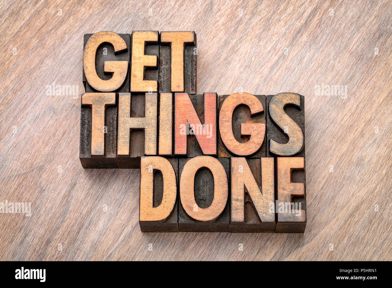 get things done - word abstract in vintage letterpress wood type blocks Stock Photo