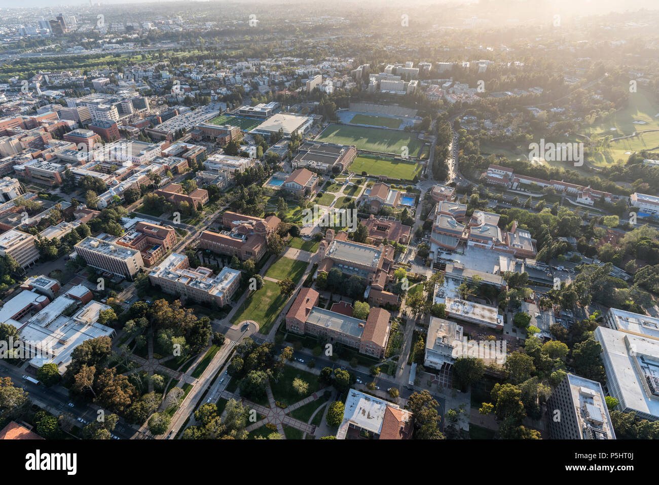 Los Angeles, California, USA - April 18, 2018:  Aerial overview of qbuildings and quad on the UCLA campus near Westwood. Stock Photo