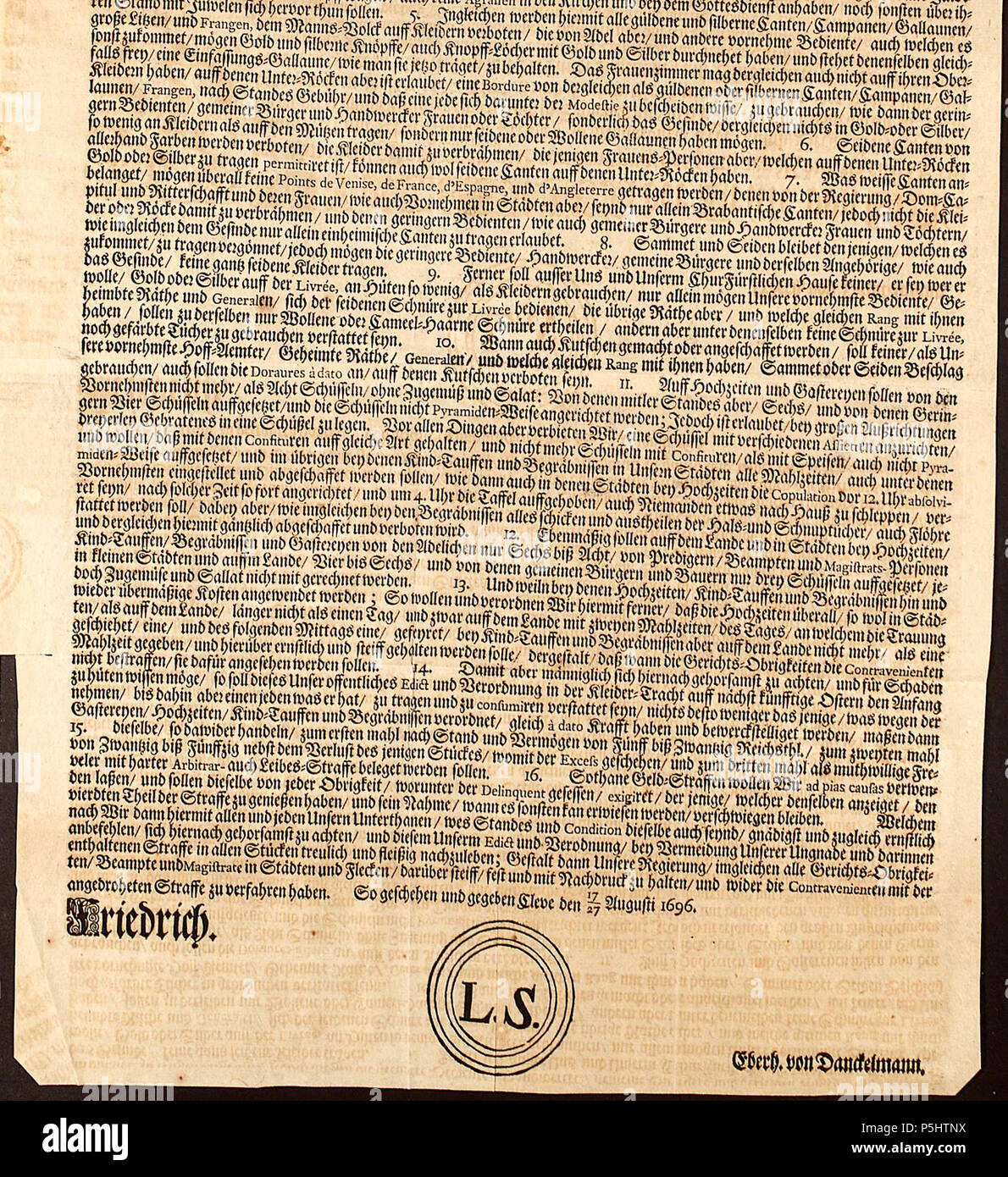 N/A. Deutsch: Kleider- und Festordnung für das Fürstentum Halberstadt . 1696. Friedrich I. von Preußen 37 3-620566P 002 X Stock Photo