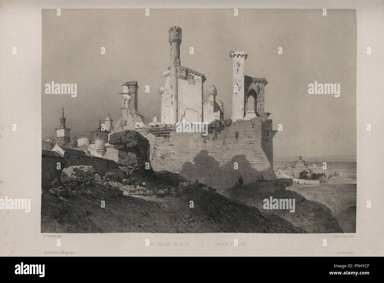 1850, España artística y monumental, vistas y descripción de los sitios y monumentos más notables de españa, vol 3, El palacio de Olite. Stock Photo