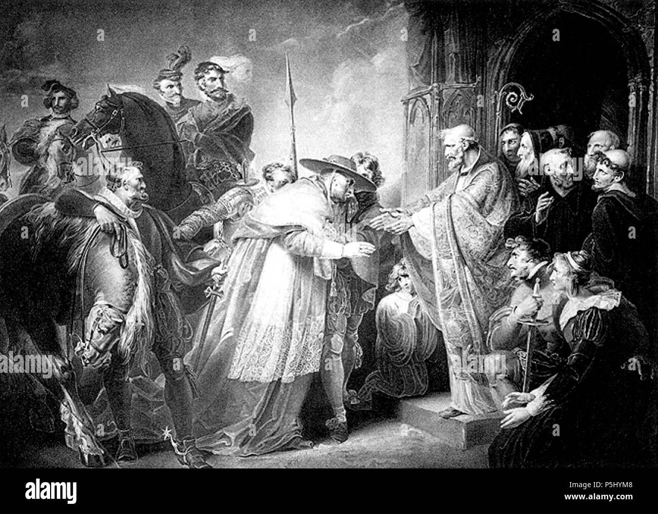 N/A. English: Robert Thew's original stipple engraving King Henry the Eighth: Act Four, Scene Two, (Abbey of Leicester -- Wolsey, Northumberland & Attendants, Abbot of Leicester, Etc.) is based upon a design created by Richard Westall for John Boydell's 'Shakespeare Gallery'. Deutsch: Abbot of Leicester and Wolsey. Kupferstich von Robert Thew, nach einem Gemälde von Richard Westall. 1802. Richard Westall/Robert Thew 52 Abbot of leicester and wolsey westall Stock Photo