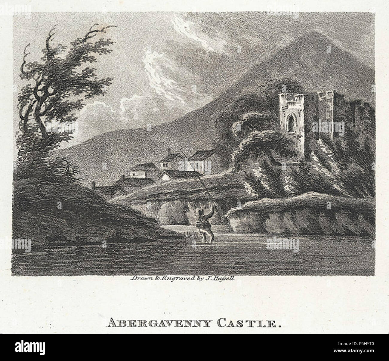 Abergavenny Castle [graphic] / drawn & engraved by J. Hassell.. 1 print : aquatint, b&w ; image size 77 x 105 mm., paper size 158 x 244 mm. 1807. Hassell, J. 53 Abergavenny Castle (3374855) Stock Photo