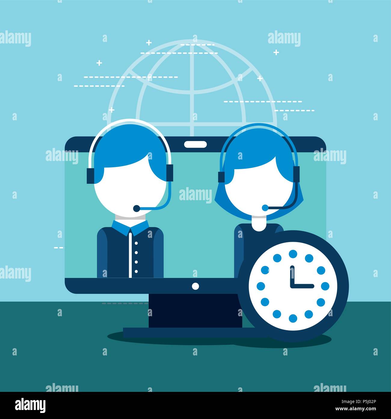 people employee computer clock customer service vector illustration ...