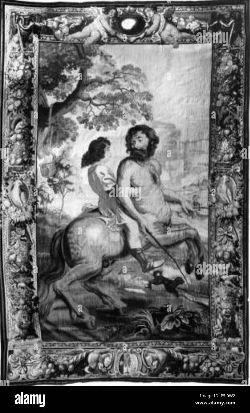 N/A. Nederlands: De centaur Chiron onderricht Achilles. wool and silk. 423 × 255 cm (13.8 × 8.3 ft). Brussels, Royal Museums of Art and History. 17th century. Attributed to Frans and Jan Raes (after a design by Peter Paul Rubens) 57 Achilles series after Peter Paul Rubens 02 Stock Photo