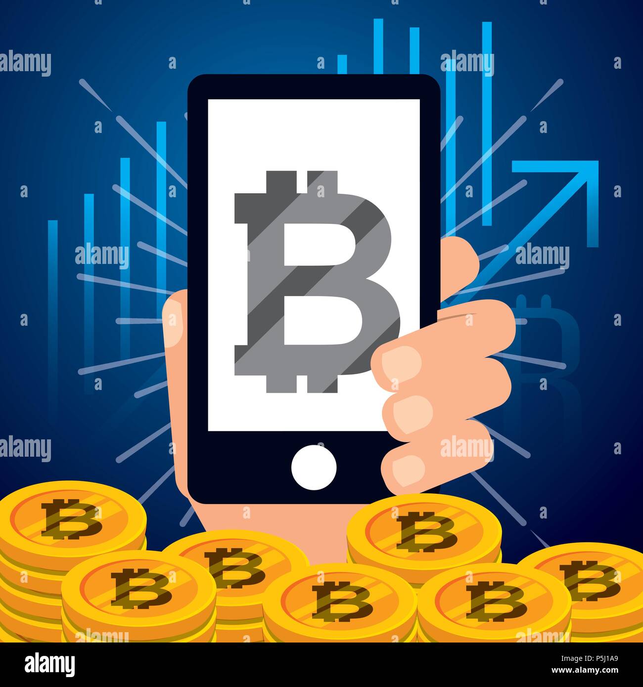 hand holding smartphone bitcoins banking vector illustration Stock Vector