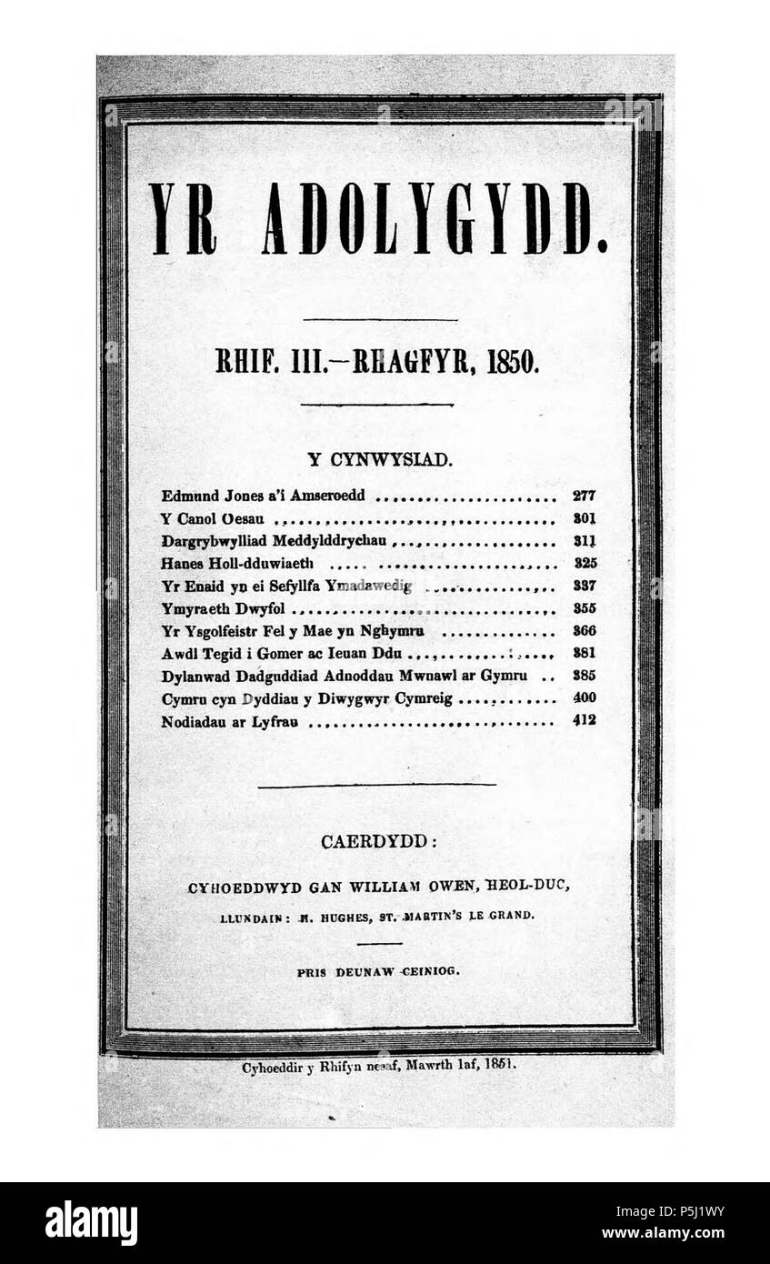 Adolygydd (Caerdydd). English: A quarterly Welsh language periodical that, along with providing literary reviews, also encompassed theology, philosophy, politics and education amongst its subject matter. Its first editor was the minister and journalist the Reverend Evan Jones (Ieuan Gwynedd, 1820-1852) for whose benefit the periodical relocated from Cardiff to Llanelli, where he was also editing Y Diwygiwr, Y Tywysydd and Y Gymraes. Following his death in 1852 the periodical was edited by the Reverend William Williams (Caledfryn, 1801-1869). Associated titles: Y Beirniad (1859-1879). Cymraeg:  Stock Photo