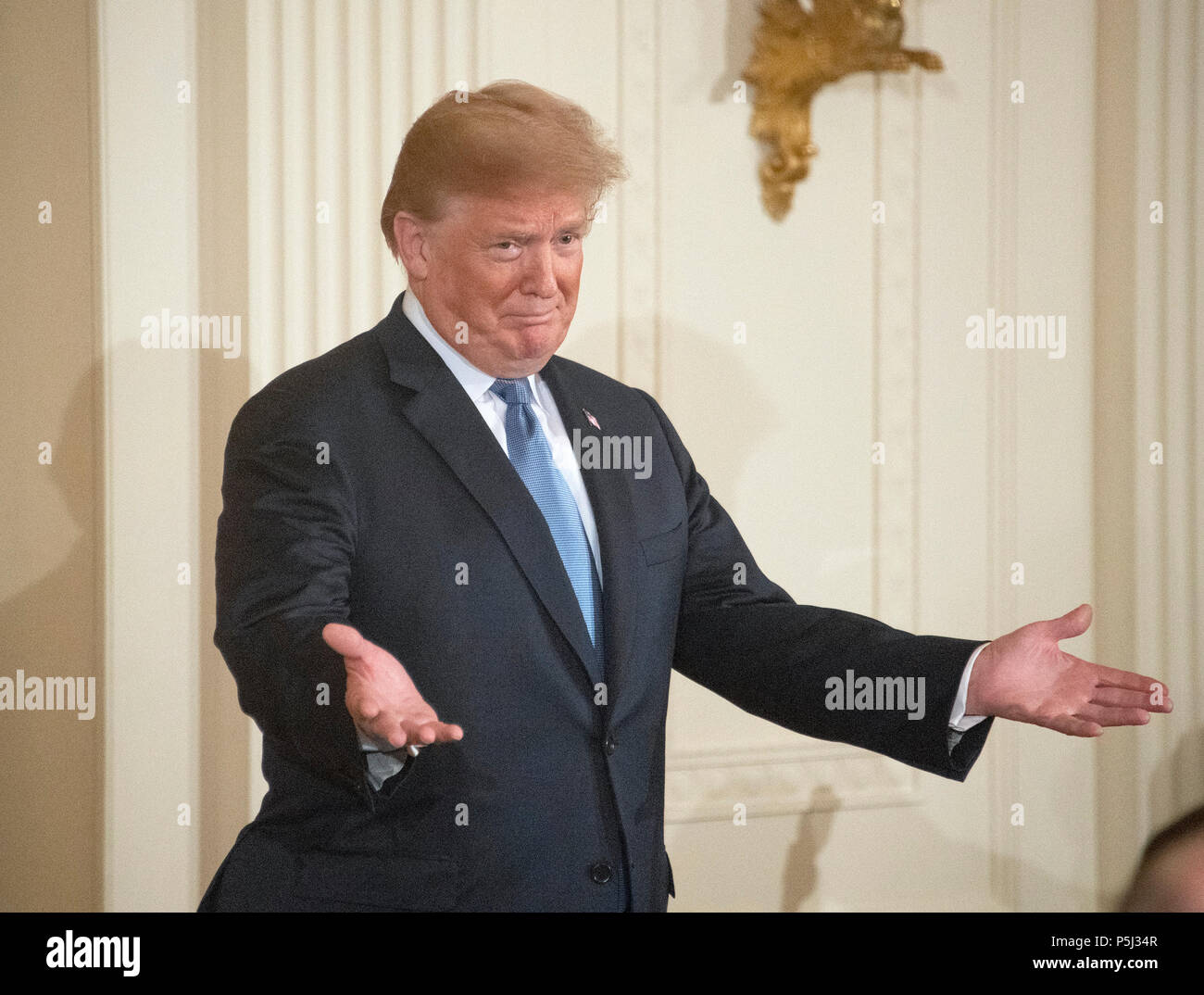 United States President Donald J. Trump hosts a ceremony to posthumously award the Medal of Honor to then-First Lieutenant Garlin M. Conner, U.S. Army, for conspicuous gallantry during World War II in the East Room of the White House in Washington, DC on Tuesday, June 26, 2018. Conner is being honored for his actions on January 24,1945, while serving as an intelligence officer with Headquarters and Headquarters Company, 3d Battalion, 7th Infantry Regiment, 3d Infantry Division. Credit: Ron Sachs/CNP /MediaPunch Stock Photo