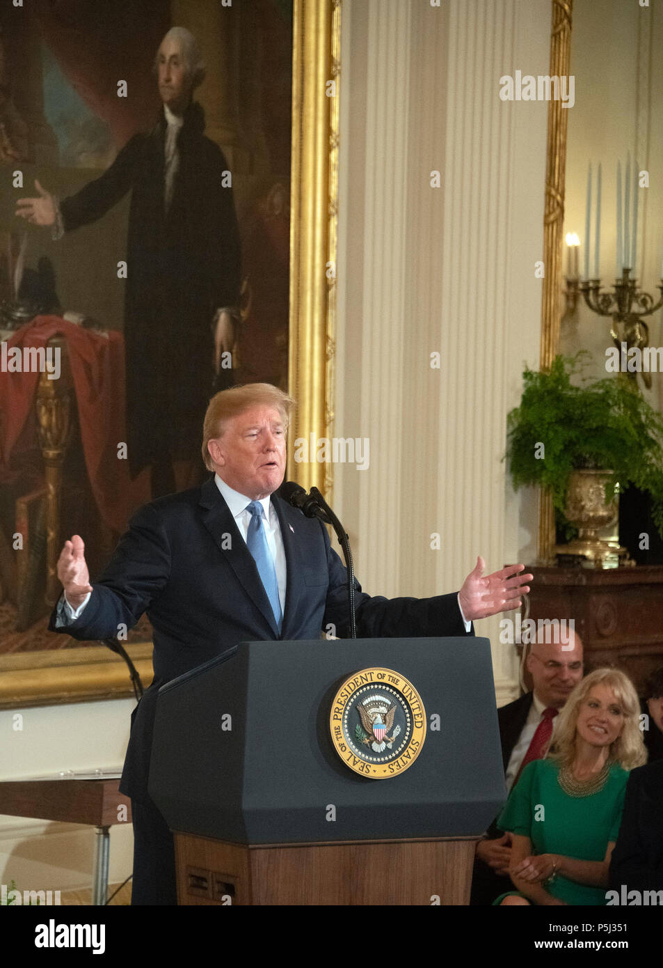 United States President Donald J. Trump makes remarks as he hosts a ceremony to posthumously award the Medal of Honor to then-First Lieutenant Garlin M. Conner, U.S. Army, for conspicuous gallantry during World War II in the East Room of the White House in Washington, DC on Tuesday, June 26, 2018. Conner is being honored for his actions on January 24,1945, while serving as an intelligence officer with Headquarters and Headquarters Company, 3d Battalion, 7th Infantry Regiment, 3d Infantry Division. Credit: Ron Sachs/CNP /MediaPunch Stock Photo