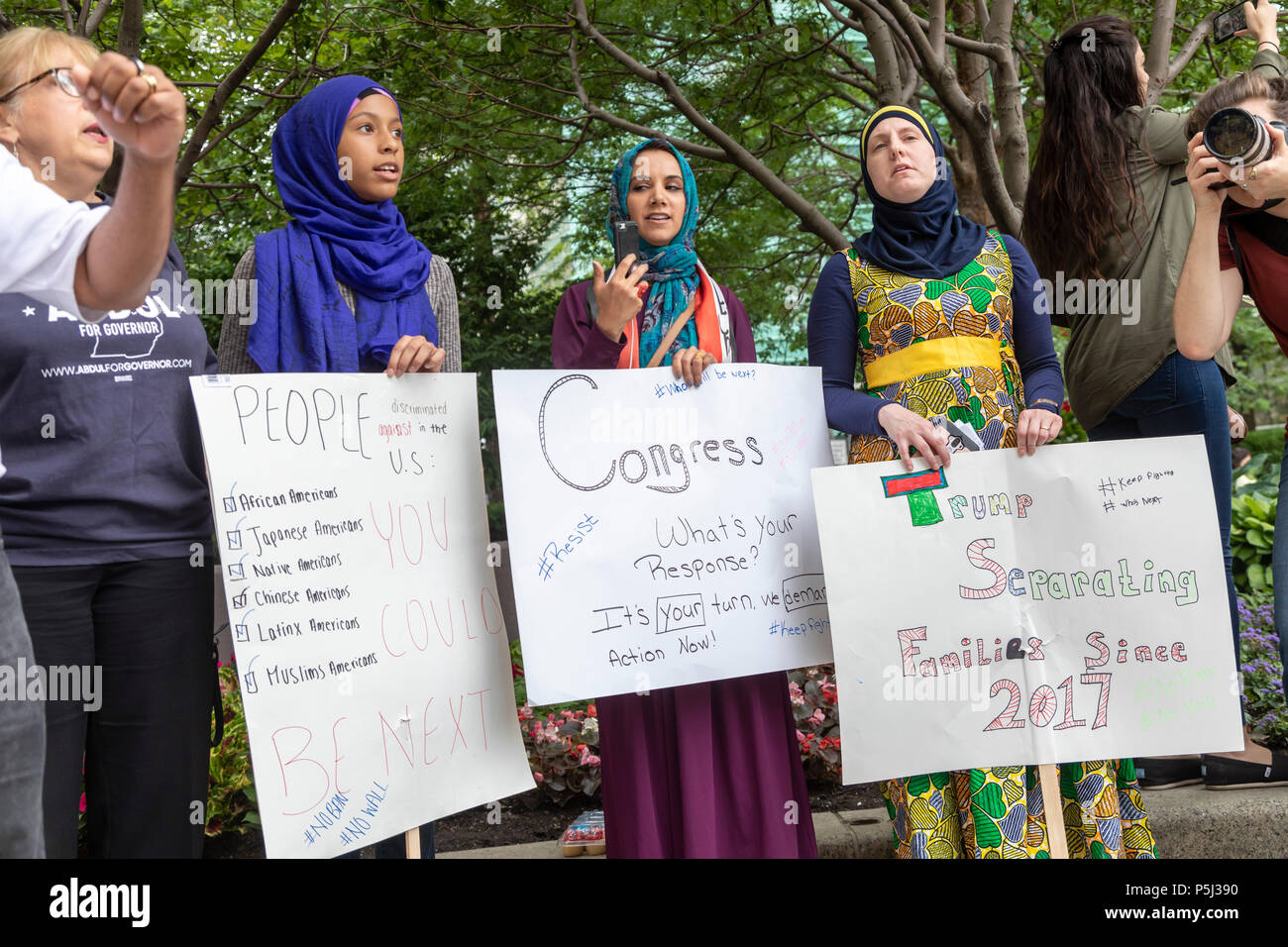 Detroit, Michigan USA - 26 June 2018 - People gather in Campus Martius Park to protest the Supreme Court's decision upholding President Trump's Muslim travel ban. Credit: Jim West/Alamy Live News Stock Photo