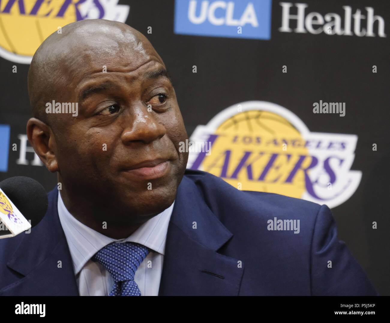 Los Angeles, California, USA. 26th June, 2018. Los Angeles Lakers president of basketball operations, Earvin ''Magic'' Johnson at an introductory press conference in Los Angeles, Tuesday, June 26, 2018. The Lakers introduce two new draft players, Moritz Wagner, originally from Germany, the 25th pick in the 2018 NBA Draft and guard Sviatoslav Mykhailiuk, originally from Ukraine. Credit: Ringo Chiu/ZUMA Wire/Alamy Live News Stock Photo