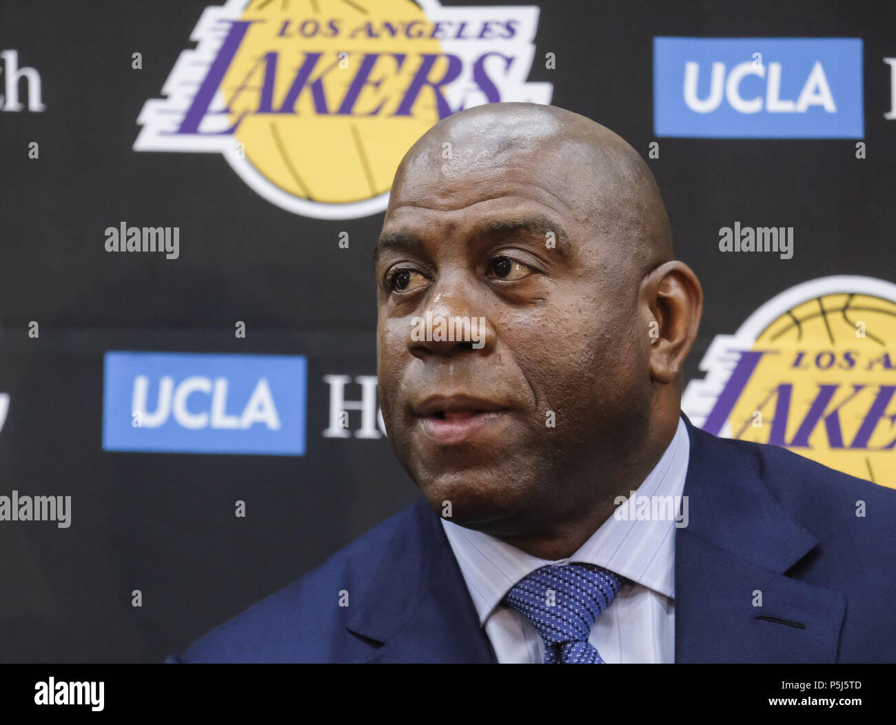 Los Angeles, California, USA. 26th June, 2018. Los Angeles Lakers president of basketball operations, Earvin ''Magic'' Johnson at an introductory press conference in Los Angeles, Tuesday, June 26, 2018. The Lakers introduce two new draft players, Moritz Wagner, originally from Germany, the 25th pick in the 2018 NBA Draft and guard Sviatoslav Mykhailiuk, originally from Ukraine. Credit: Ringo Chiu/ZUMA Wire/Alamy Live News Stock Photo