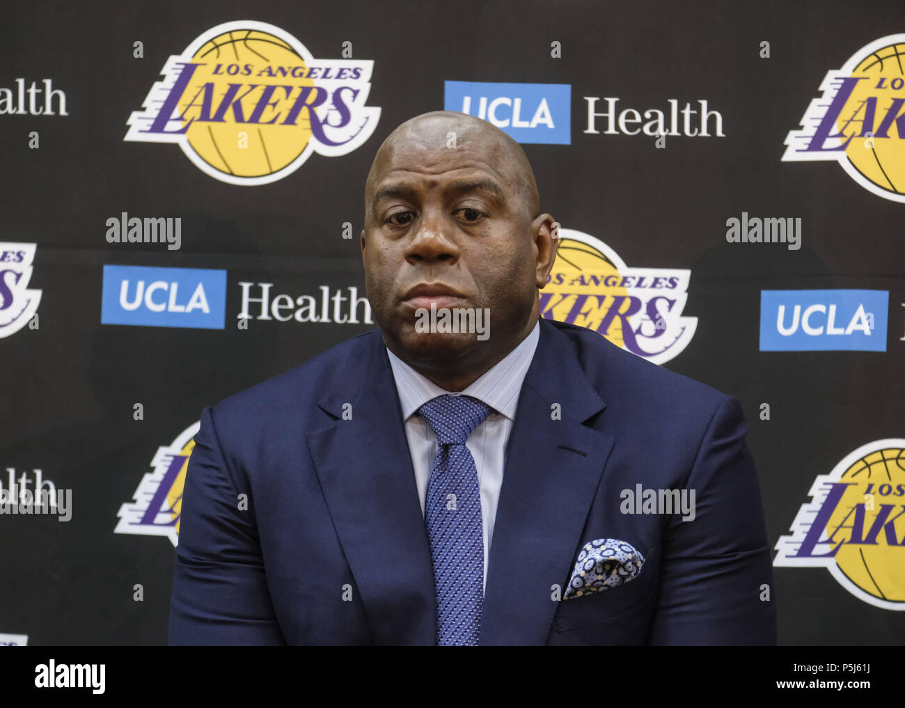 Los Angeles, California, USA. 26th June, 2018. Los Angeles Lakers president of basketball operations, Earvin ''Magic'' Johnson at an introductory press conference in Los Angeles, Tuesday, June 26, 2018. The Lakers introduce two new draft players, Moritz Wagner, originally from Germany, the 25th pick in the 2018 NBA Draft and guard Sviatoslav Mykhailiuk, originally from Ukraine. Credit: Ringo Chiu/ZUMA Wire/Alamy Live News Stock Photo