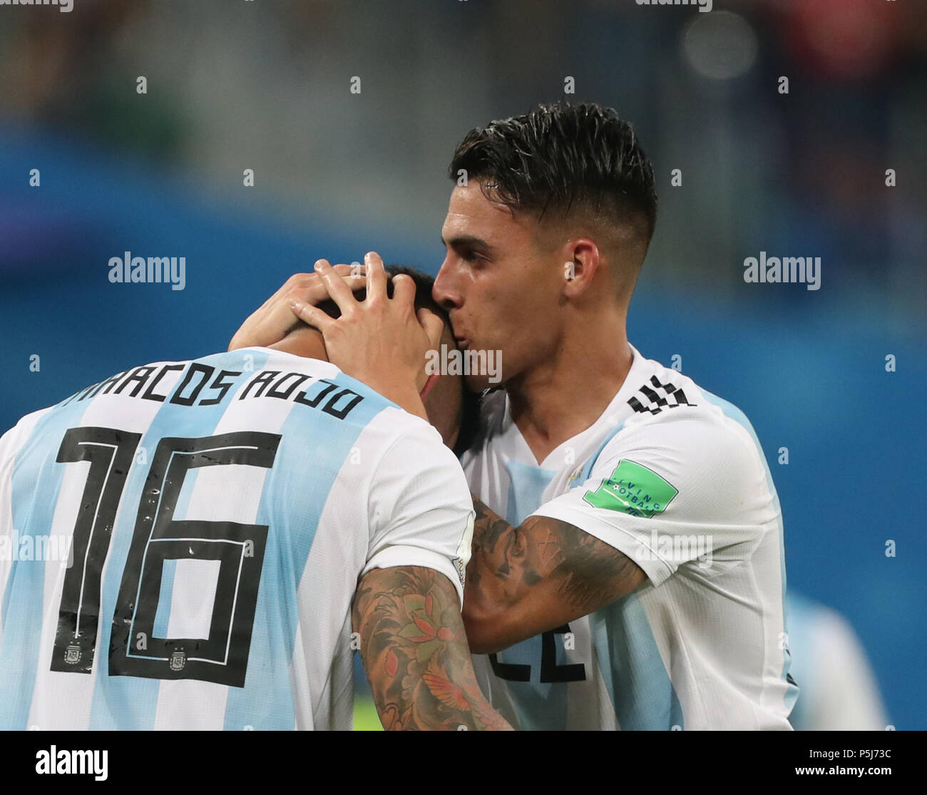 Moscow, Russia. 26th June, 2018. Soccer, World Cup 2018, Preliminary round, Group D, 3rd game day, Nigeria vs Argentina at the St. Petersburg Stadium: Argentina's Marcos Rojo and Cristian Pavon (R) celebrate after the game. Credit: Cezaro De Luca/dpa/Alamy Live News Stock Photo