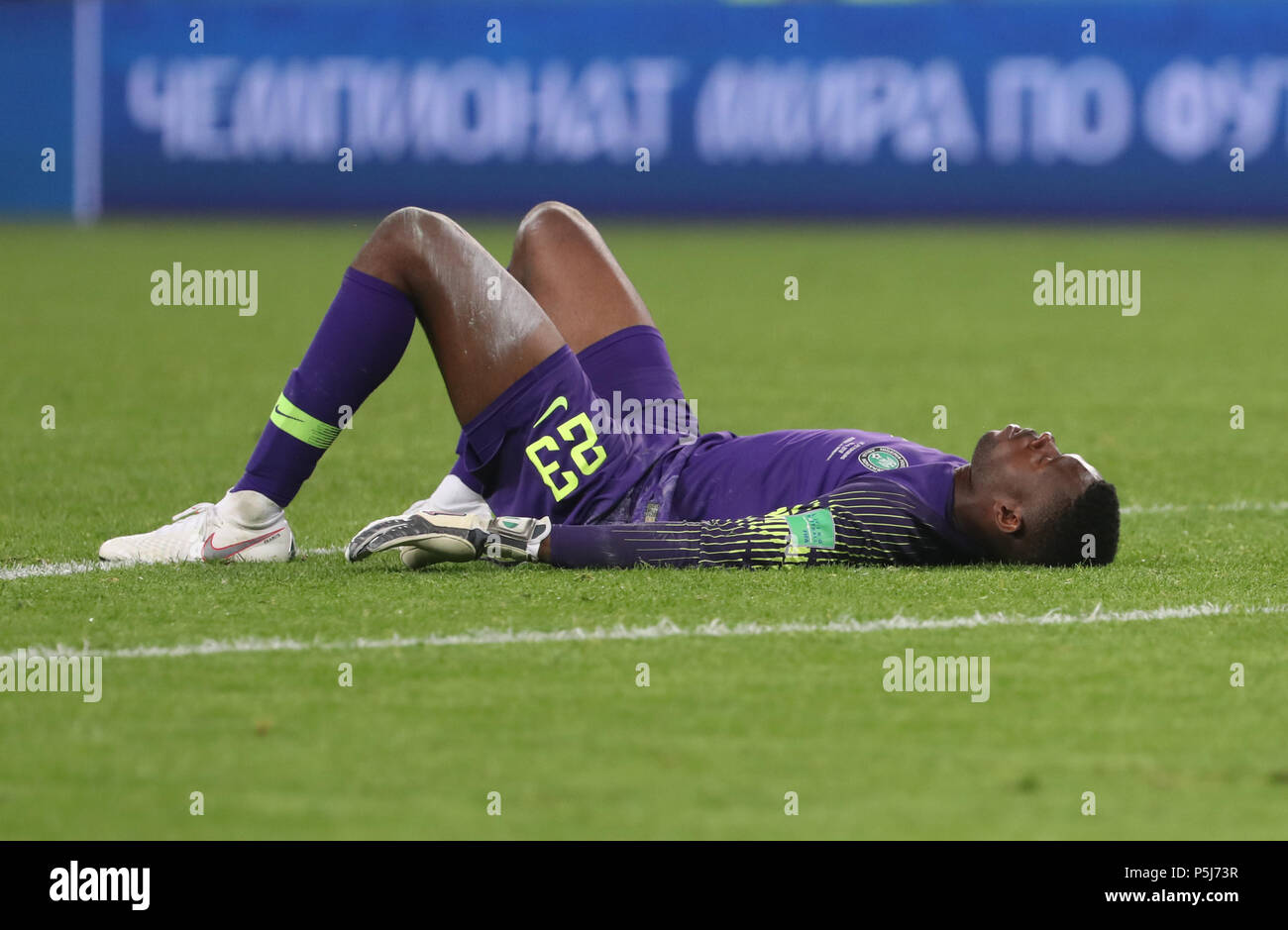 Moscow, Russia. 26th June, 2018. Soccer, World Cup 2018, Preliminary round, Group D, 3rd game day, Nigeria vs Argentina at the St. Petersburg Stadium: Nigeria's goalkeeper Francis Uzoho reacts after his team's defeat. Credit: Cezaro De Luca/dpa/Alamy Live News Stock Photo