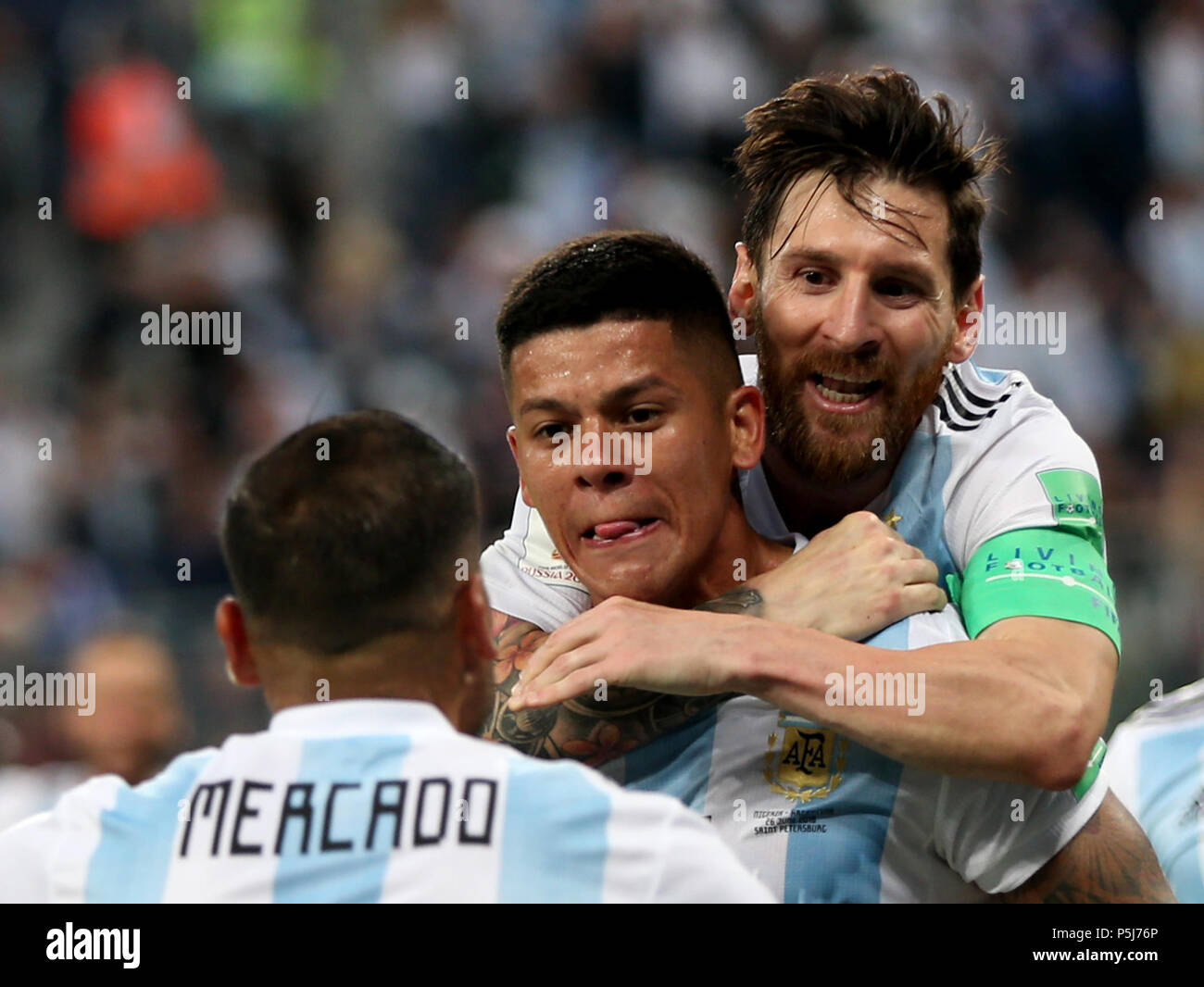 Moscow, Russia. 26th June, 2018. Soccer, World Cup 2018, Preliminary round,  Group D, 3rd game day, Nigeria vs Argentina at the St. Petersburg Stadium:  Argentina's goal scorer Marcos Rojo (C) celebrates his