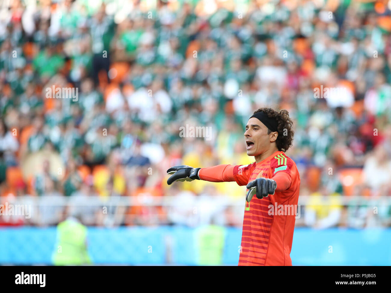 Yekaterinburg, Russia. 27th June, 2018. Goalkeeper Guillermo Ochoa of Mexico reacts during the 2018 FIFA World Cup Group F match between Mexico and Sweden in Yekaterinburg, Russia, June 27, 2018. Credit: Li Ming/Xinhua/Alamy Live News Stock Photo