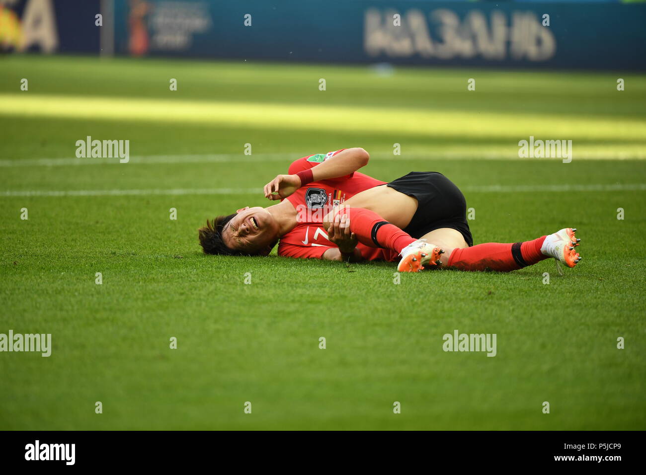 Kazan, Russia. 27th June, 2018. Lee Jaesung of South Korea sustains injury during the 2018 FIFA World Cup Group F match between Germany and South Korea in Kazan, Russia, June 27, 2018. Credit: Li Ga/Xinhua/Alamy Live News Stock Photo