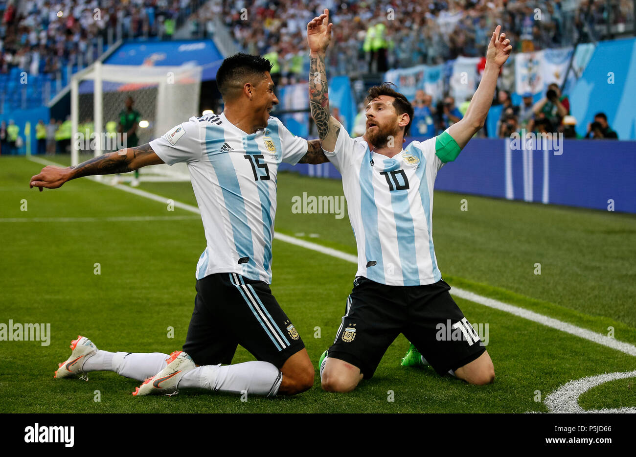 St Petersburg, Russia, 27 June 2018. Lionel Messi of Argentina celebrates with Enzo Perez of Argentina after scoring his side's first goal to make the score 1-0 during the 2018 FIFA World Cup Group D match between Nigeria and Argentina at Saint Petersburg Stadium on June 26th 2018 in Saint Petersburg, Russia. (Photo by Daniel Chesterton/phcimages.com) Credit: PHC Images/Alamy Live News Stock Photo