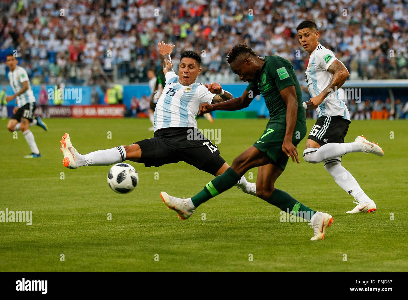 St Petersburg, Russia, 27 June 2018. Enzo Perez of Argentina and Ahmed Musa of Nigeria during the 2018 FIFA World Cup Group D match between Nigeria and Argentina at Saint Petersburg Stadium on June 26th 2018 in Saint Petersburg, Russia. (Photo by Daniel Chesterton/phcimages.com) Credit: PHC Images/Alamy Live News Stock Photo