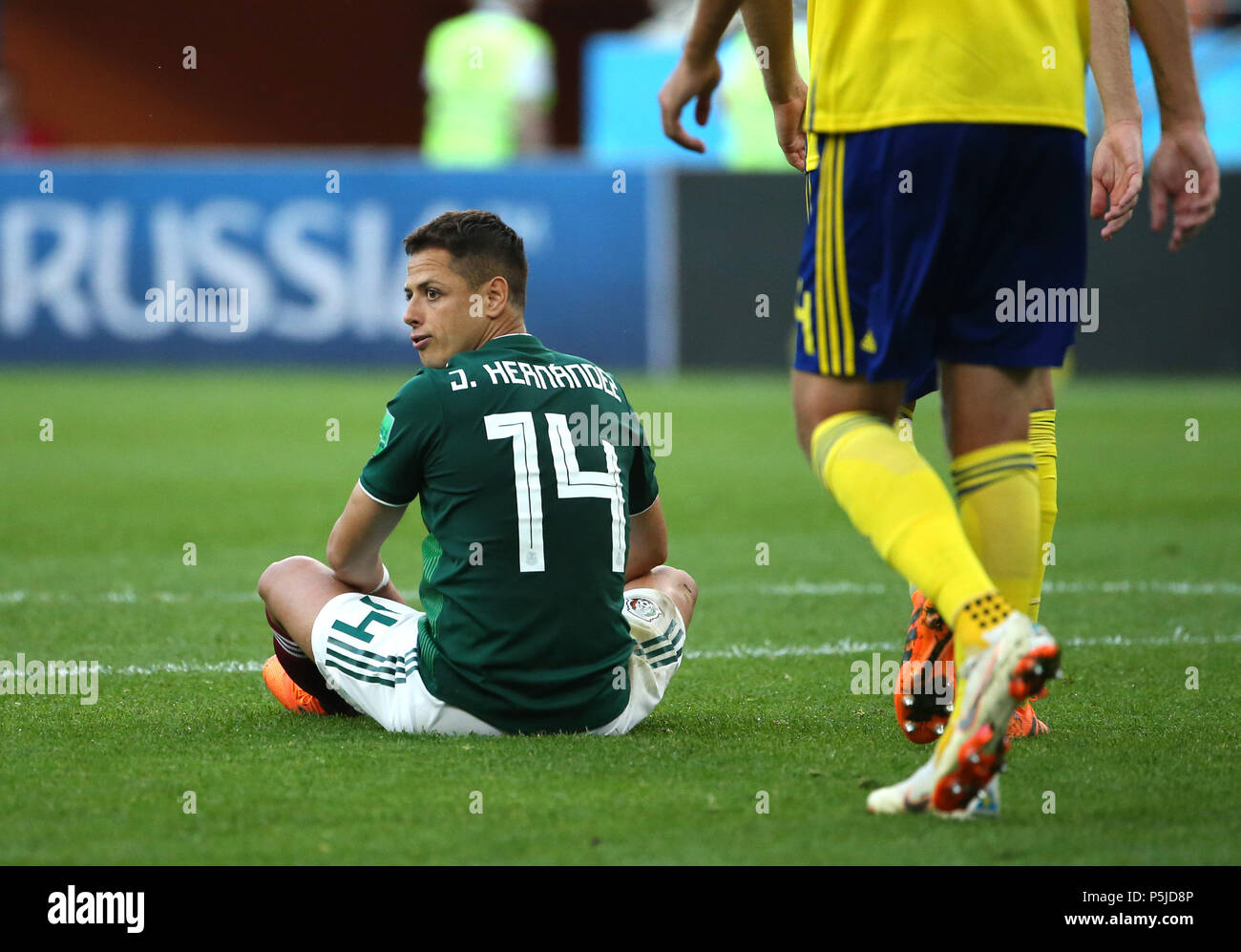 Yekaterinburg, Russia. 27th June, 2018. Javier Hernandez of Mexico reacts during the 2018 FIFA World Cup Group F match between Mexico and Sweden in Yekaterinburg, Russia, June 27, 2018. Credit: Li Ming/Xinhua/Alamy Live News Stock Photo