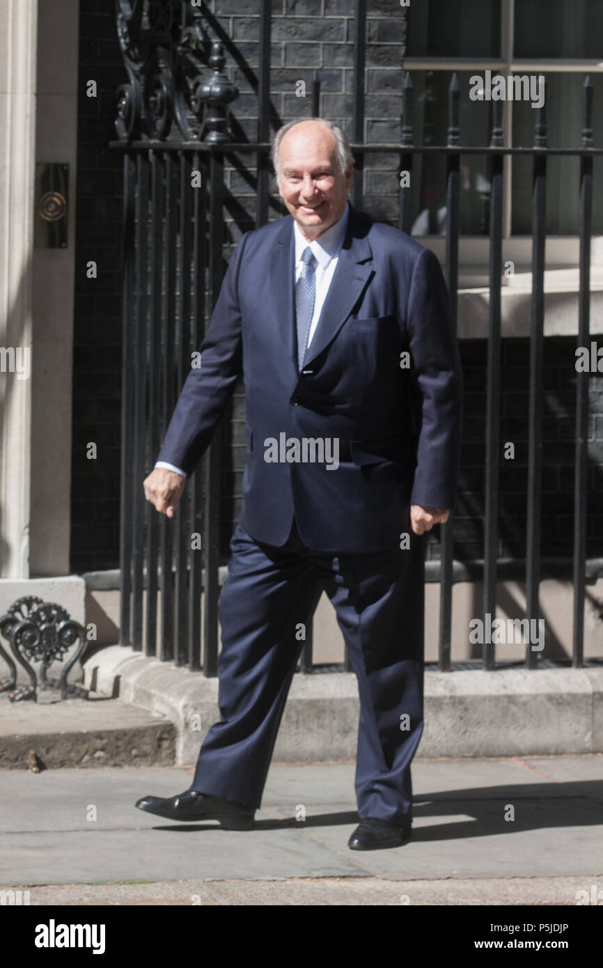 London UK. 27th June 2018. His Highness Prince  Shah Karim Al Hussaini, Aga Khan IV,arrives for a meeting with British Prime Minister Theresa May at 10 Downing Street. Prince Karim is a philanthropist and is the 49th and current Imam of the  Nizari Ismailism, a denomination of Isma'ilism within Shia Islam and the spiritual leader of more than 15 million Ismaili Muslims worldwide Credit: amer ghazzal/Alamy Live News Stock Photo