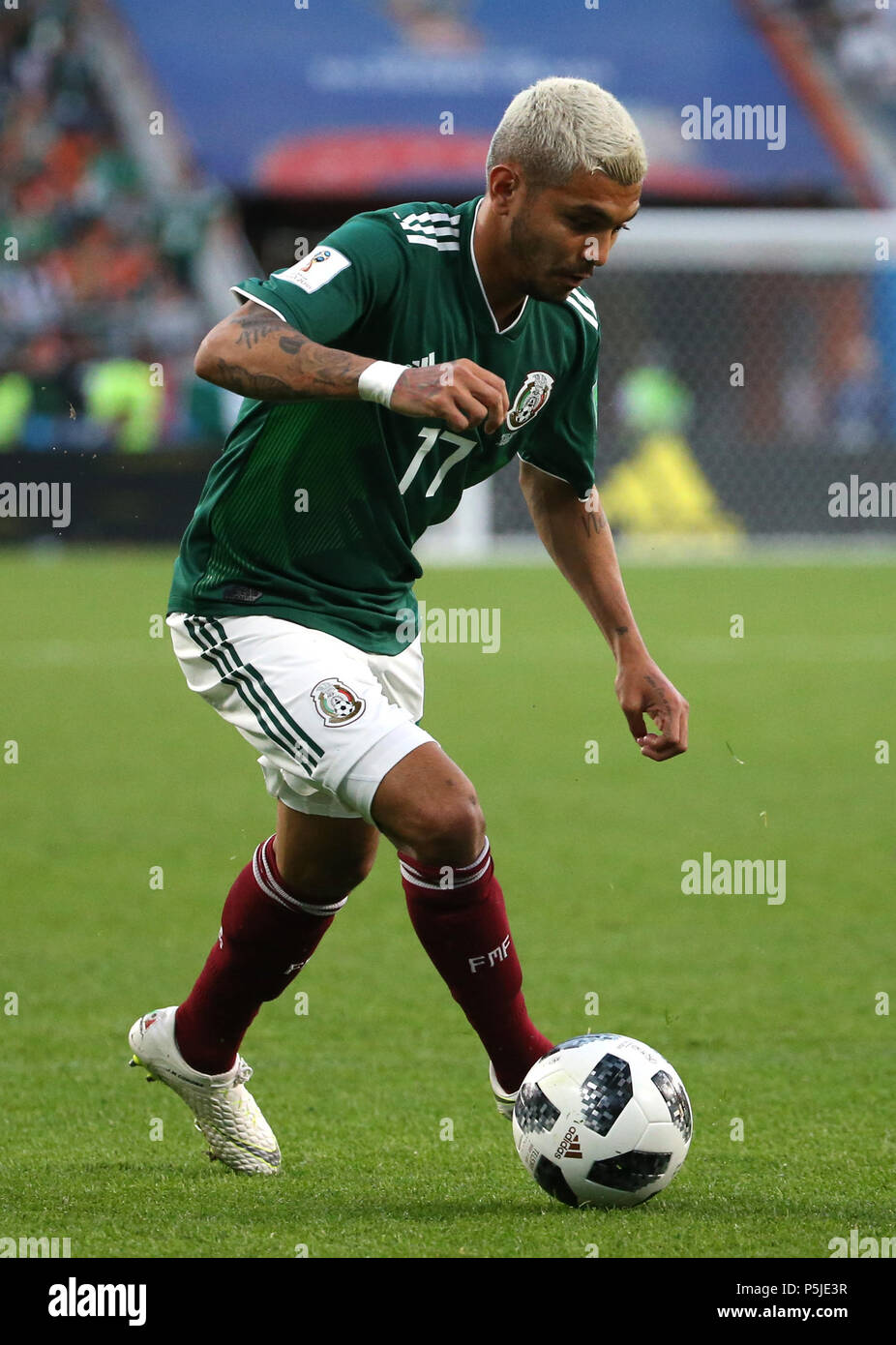 Yekaterinburg, Russia. 27th June, 2018. Jesus Corona of Mexico controls the ball during the 2018 FIFA World Cup Group F match between Mexico and Sweden in Yekaterinburg, Russia, June 27, 2018. Sweden won 3-0. Mexico and Sweden advanced to the round of 16. Credit: Li Ming/Xinhua/Alamy Live News Stock Photo