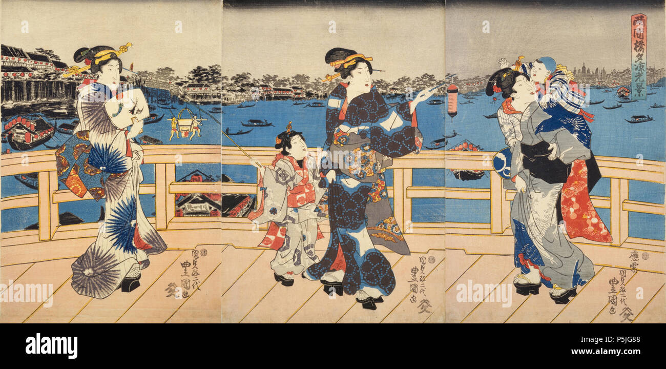 Ryogoku-bashi yusuzumi kokei, Artist Utagawa Kunisada as known as Utagawa Toyokuni III ( 1786 – 1865 ) . Evening scene at Ryogoku-bashi bridge, people are cooling down. Stock Photo