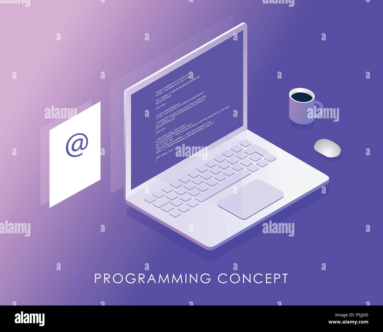 Software development and programming, program code on laptop screen, income letter and a cup of coffee. Big data processing, Isometric vector illustration. Stock Vector