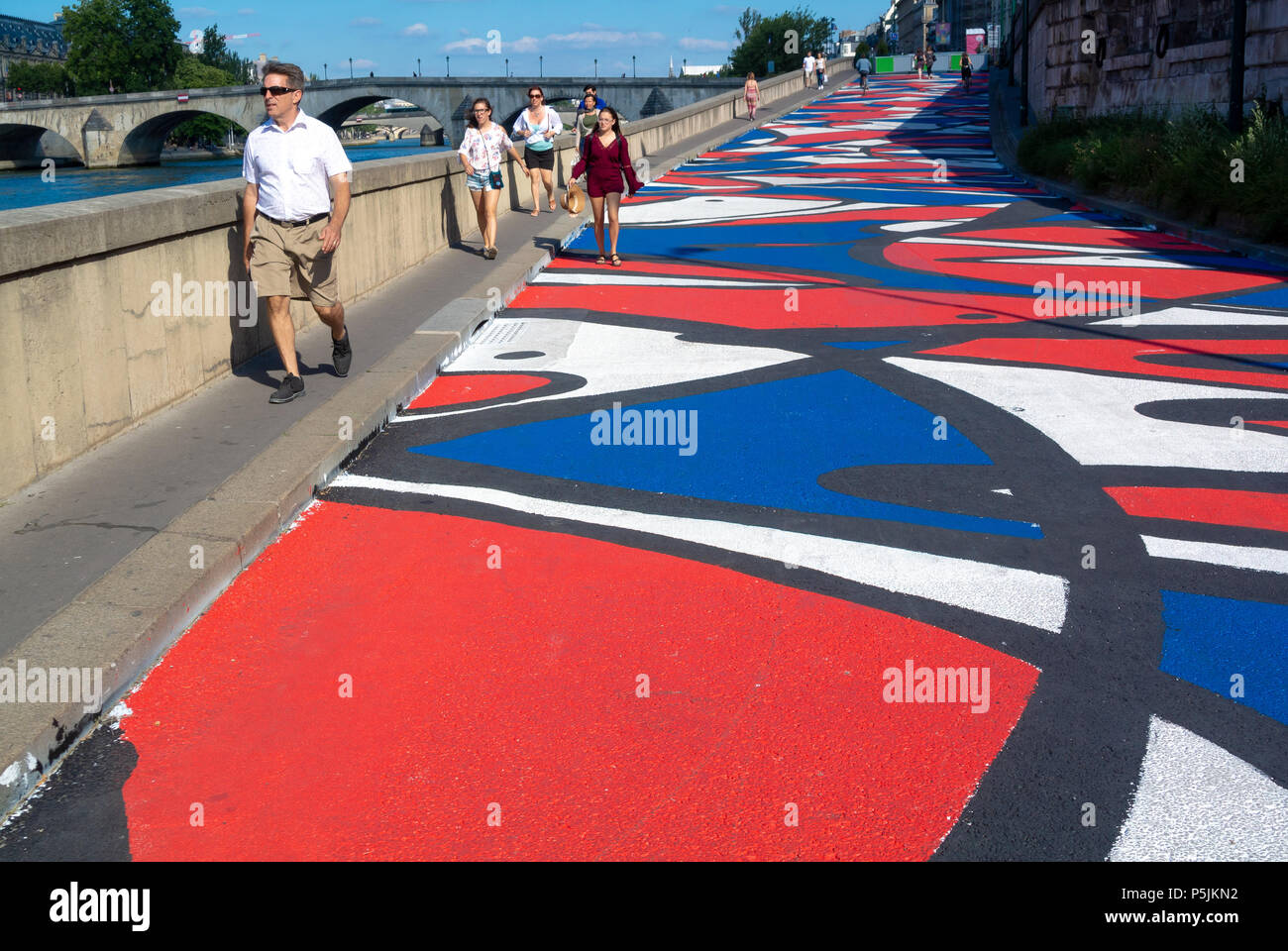 Caucasian people walking along seine river, Paris, IDF, France Stock Photo