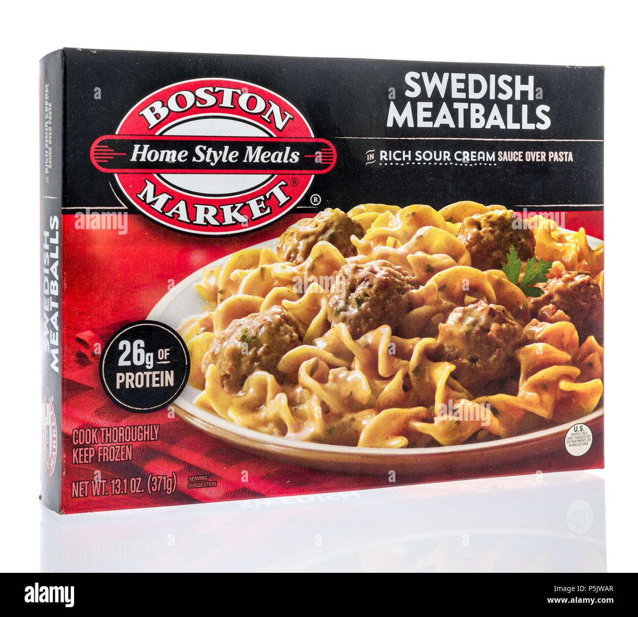 Winneconne, WI - 17 June 2018: A box of Boston Market homestyle meals in Swedish meatballs on an isolated background. Stock Photo