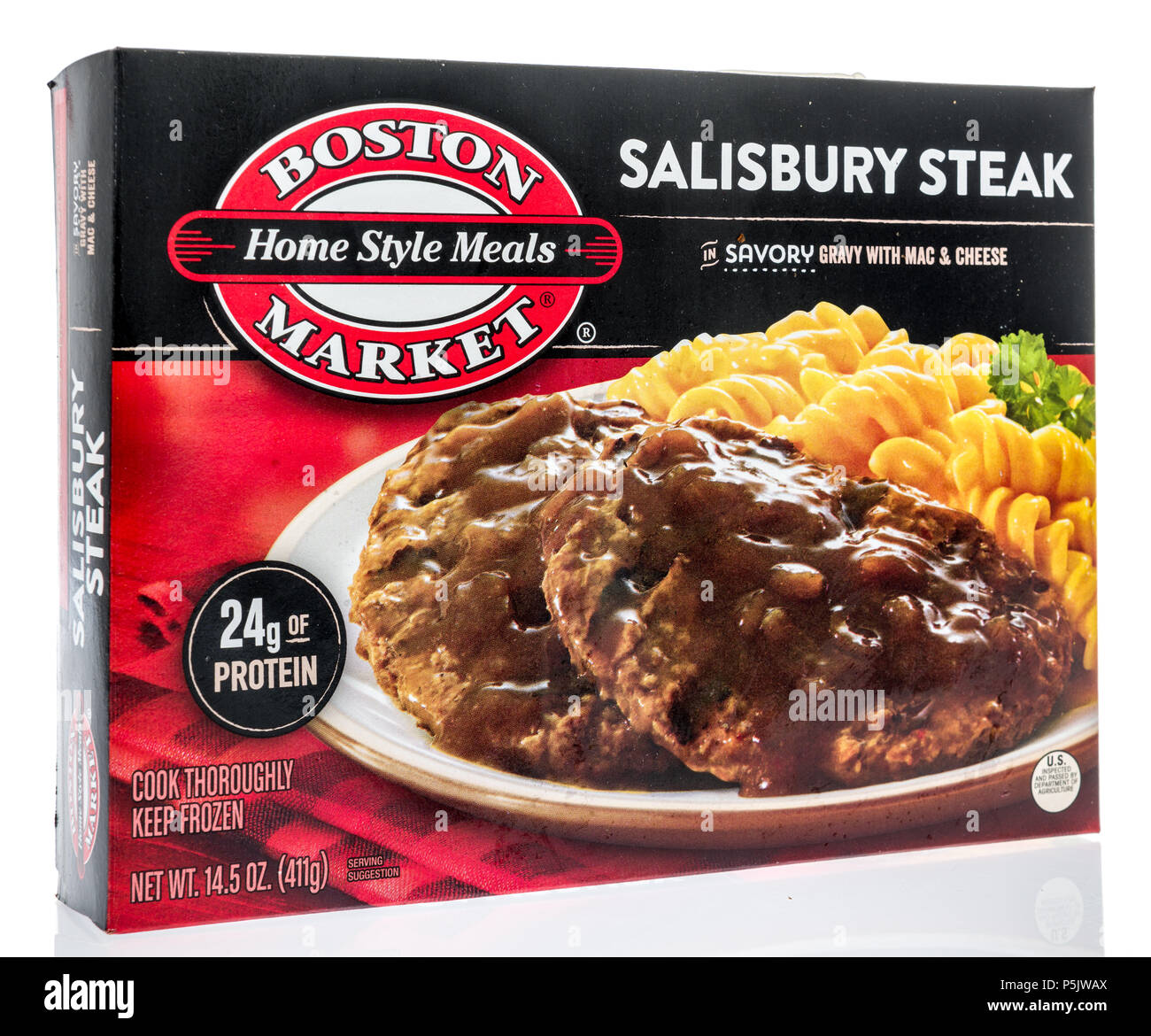 Winneconne, WI - 17 June 2018: A box of Boston Market homestyle meals in Salisbury steak on an isolated background. Stock Photo