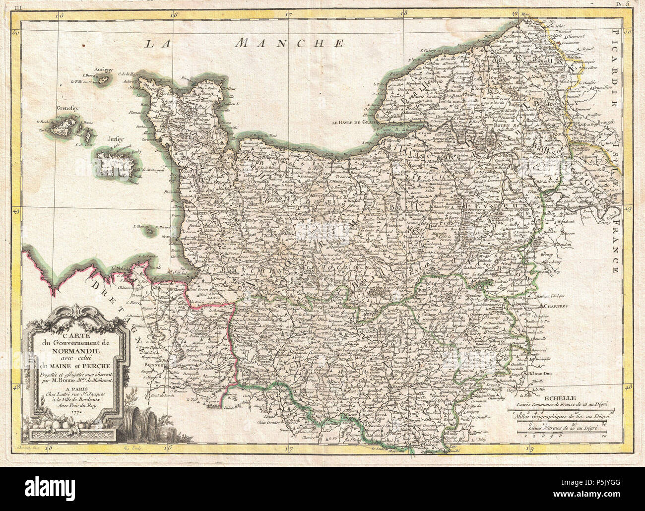 Carte du Gouvernement de Normandie avec celui du Maine et Perche.  English: A beautiful example of Rigobert Bonne's 1771 decorative map of Normandy, France. Covers from Bretagne eastward as far as Picardie. Includes the Channel Islands of Guernsey and Jersey. A decorative title cartouche appears in the lower left quadrant. Drawn R. Bonne c. 1771 for issue as plate no. 4 in Jean Lattre's 1776 issue of the Atlas Moderne . . 1771 (dated). N/A 24 1771 Bonne Map of Normandy, France - Geographicus - Normandie-bonne-1771 Stock Photo