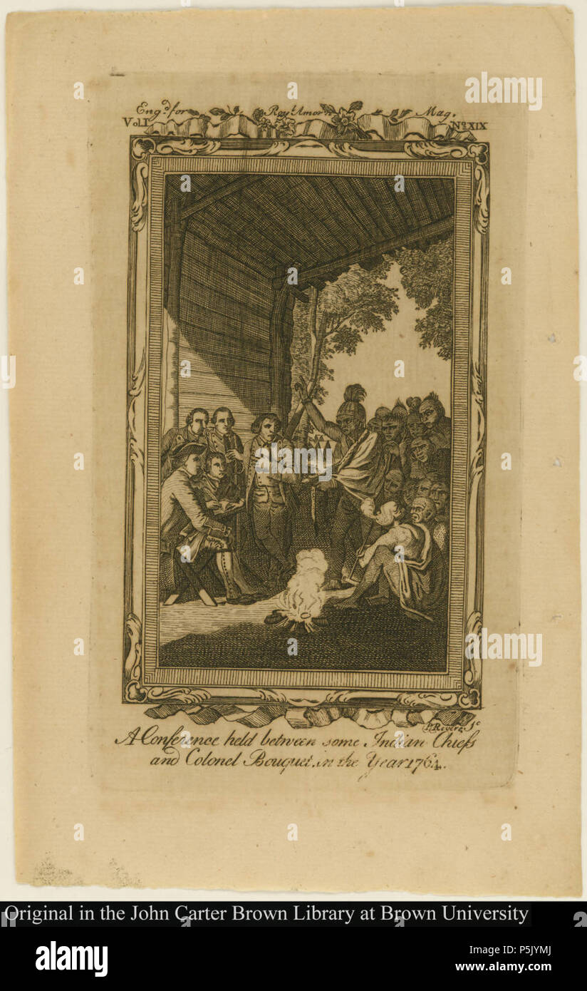 N/A.  English: Image title: A Conference held between some Indian Chiefs and Colonel Bouquet, in the Year 1764. Creator 1: Paul Revere. Creator 1 role: Sc. Place image published: [Boston]. Image publisher: [Joseph Greenleaf]. Image date: [1774]. Image function: frontispiece. Source Title: The royal American magazine, or Universal repository of instruction and amusement. For December, 1774. Source place of publication: Boston. Source publisher: Printed by and sold at Greenleaf's Printing-Office in Union-street ... Source date: 1774. 'Colonel Henry Bouquet held a peace treaty with three tribes,  Stock Photo