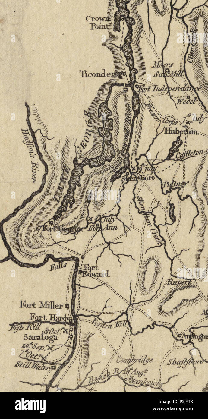 N/A. English: This is a detail from the source map, which shows the geographic area of John Burgoyne's 1777 Saratoga campaign. This detail shows the area around Fort Ticonderoga, including the roads and approaches used by the British and American forces before and after the Battle of Ticonderoga. 1780.   William Faden  (1749–1836)    Alternative names Faden & Jefferys  Description British cartographer and publisher  Date of birth/death circa 1750 21 March 1836  Location of birth London  Work location From 1771: 'Geographer to the King and to the Prince of Wales'  Authority control  : Q8008902  Stock Photo