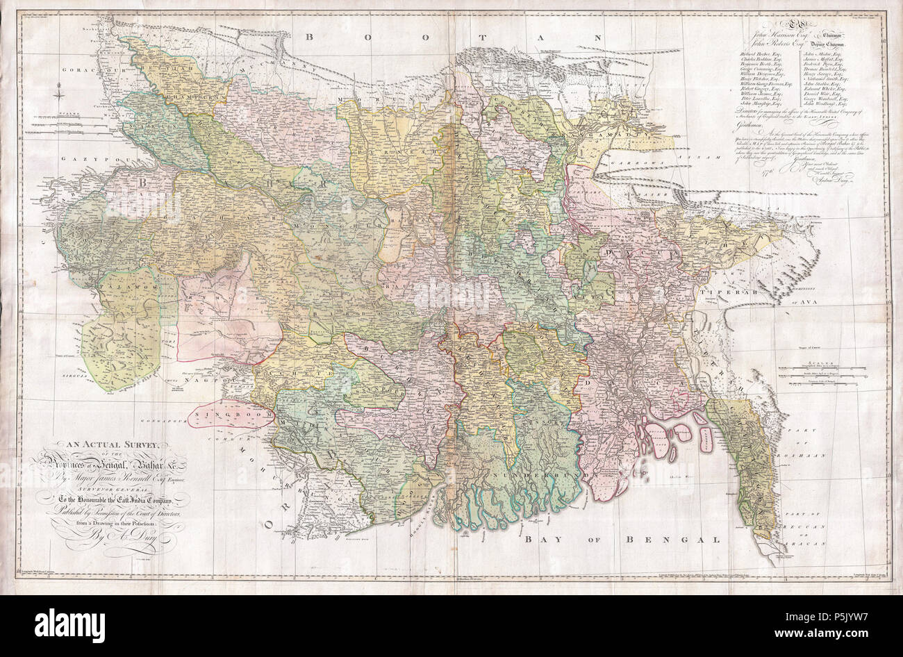 An Actual Survey, of the Provinces of Bengal, Bahar & c. by Major James Rennell Esq. Engineer to the Honorable the East India Company. Published by Permission of the Court of Directors from a Drawing in their Possession by A. Dury.  English: An altogether spectacular wall sized map of those parts of Bengal and Bihar, India. Follows the course of the Ganges River from Varanasi (Benares) eastward to the Ganges Delta and the Bay of Bengal. Includes Varanasi (Benares), Dacca (Dahka, Bengladesh), and Patna among many other important Indian cities. Bounded on the north by the Himalaya Mountains and  Stock Photo